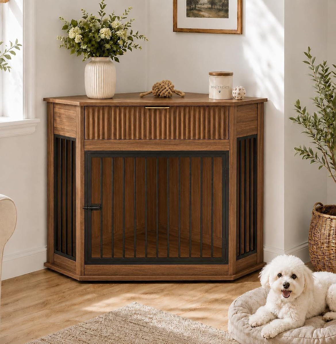 Wooden Corner Dog Crate Furniture for Small & Medium Dogs (Walnut)