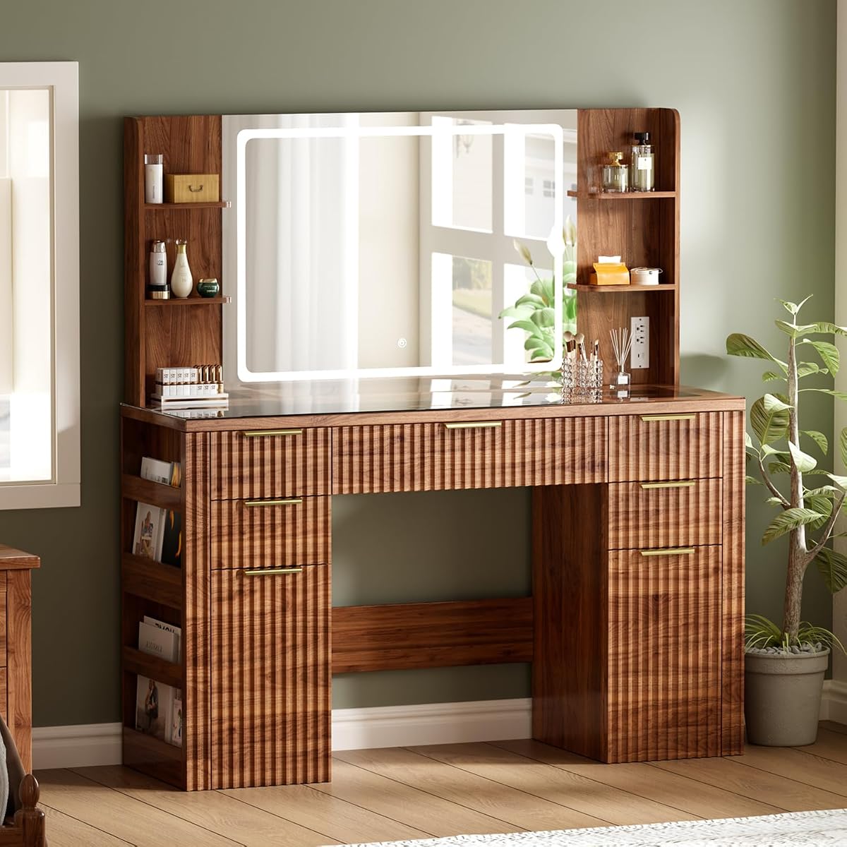 47.2" Fluted Makeup Vanity Desk with Large, 28.7" Mirror and Lights