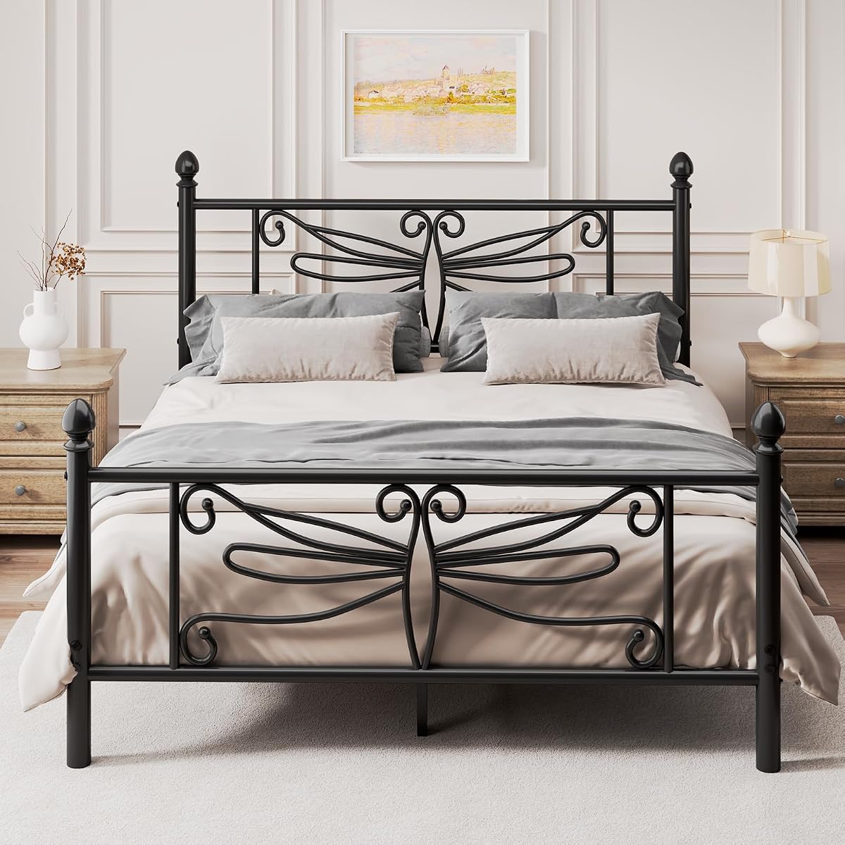 E-Ser Full Size Bed Frame, Metal Platform Bed with Dragonfly Pattern, Black