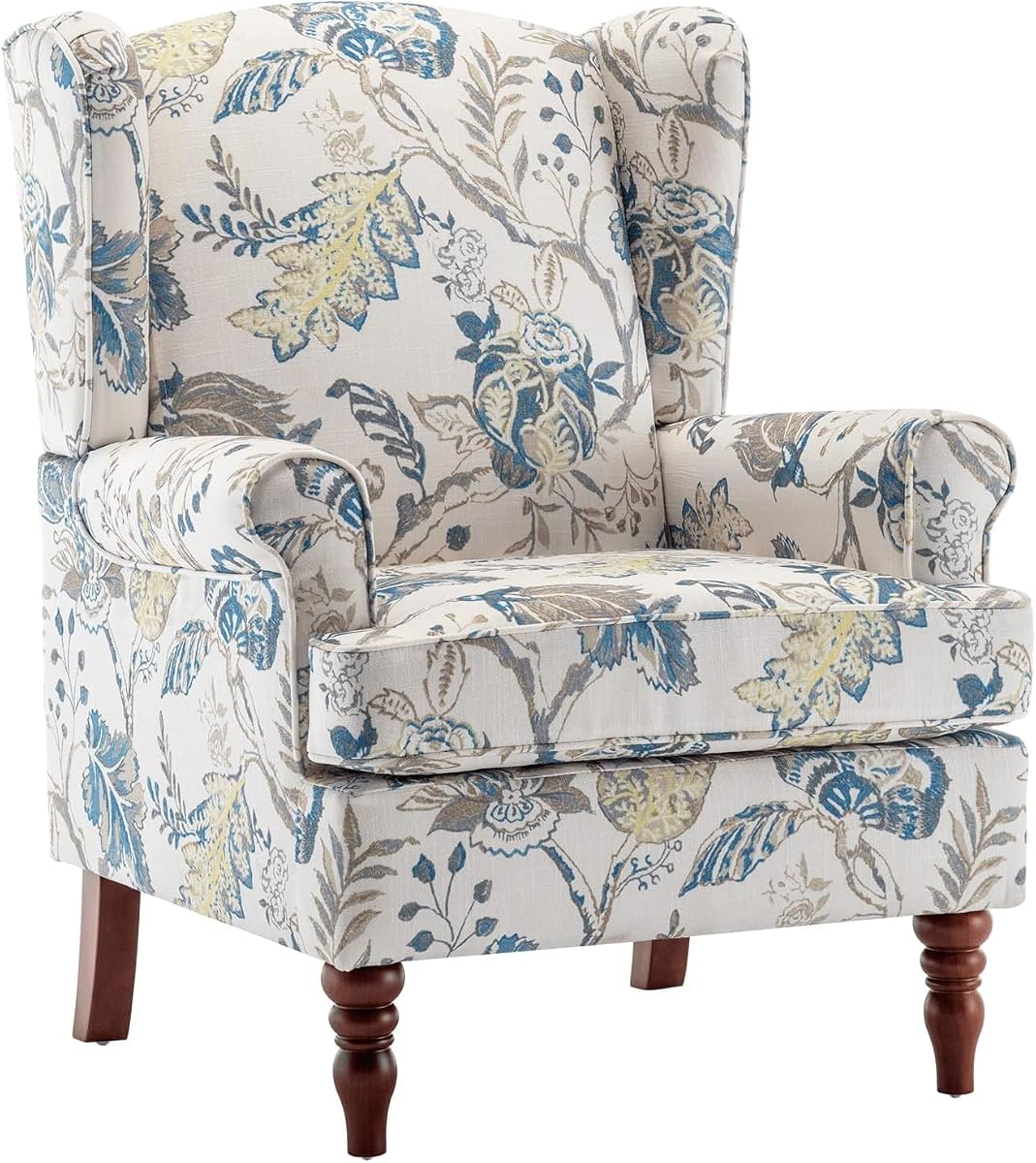 Floral Accent Chair, Comfortable High Back Upholstered Armchair with Solid Wood Legs, Leisure Single Sofa Chair for Living Room, Home Office, Bedroom, Blue Floral