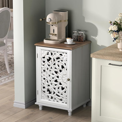 Boho Small Buffet Cabinet with Hand-Carved Mandala Door, 17" Coffee Bar Station with Adjustable Shelf, Distressed White Accent Storage Cabinet for Small Spaces, Kitchen, Dining Room