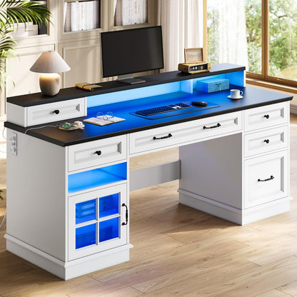 Farmhouse Executive Desk with Drawers Computer Desk with File Drawers, Power Outlet and Led Lights, Executive Office Desk with Storage Cabinet and Monitor Shelf for Home Office, White