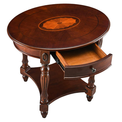 Solid Wood End Table with Drawer, Oval Sofa Side Table, Storage Shelf, Living Room Corner Table, Nightstand, 24”H Cherry Walnut CJZ1533WD-DR