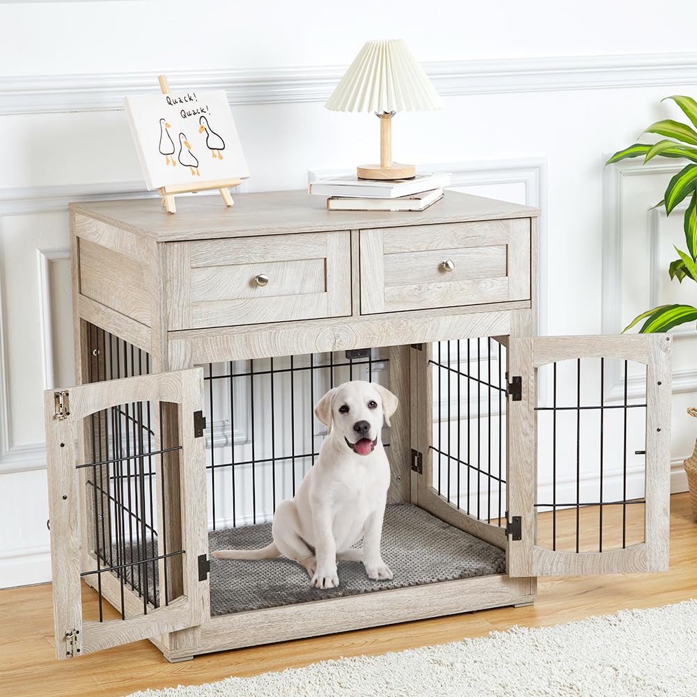 Hipicute Dog Crate Furniture with Drawers, Wooden Kennel for Large Breed Dogs