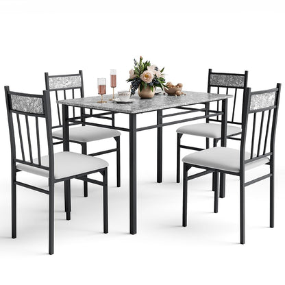 5 Piece Dining Table Set for 4, Faux Marble Kitchen Table and Chairs Set of 4, Vintage Rectangular Dining Room Table with Cushion Padded Seat, Metal and Wood Dining Set Kitchen Furniture, Grey