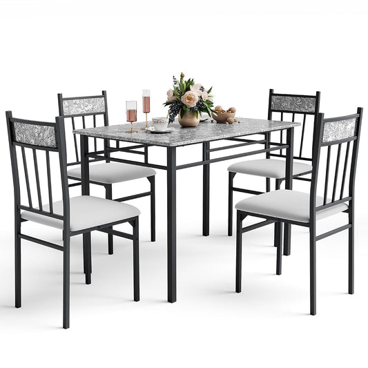 5 Piece Dining Table Set for 4, Faux Marble Kitchen Table and Chairs Set of 4, Vintage Rectangular Dining Room Table with Cushion Padded Seat, Metal and Wood Dining Set Kitchen Furniture, Grey