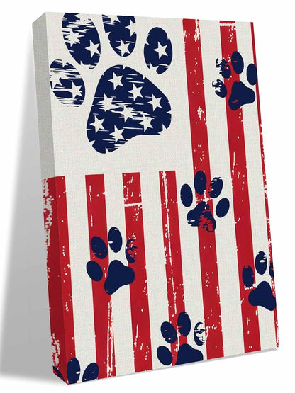 NuYeBiofx Retro Paw Prints Red Stripe Burlap Canvas Wall Art Prints,48"x32" Framed Picture Artwork 4th of July Patriotic Flag Printed Canvas Oil Painting for Living Room Bedroom Office,Ready to Hang