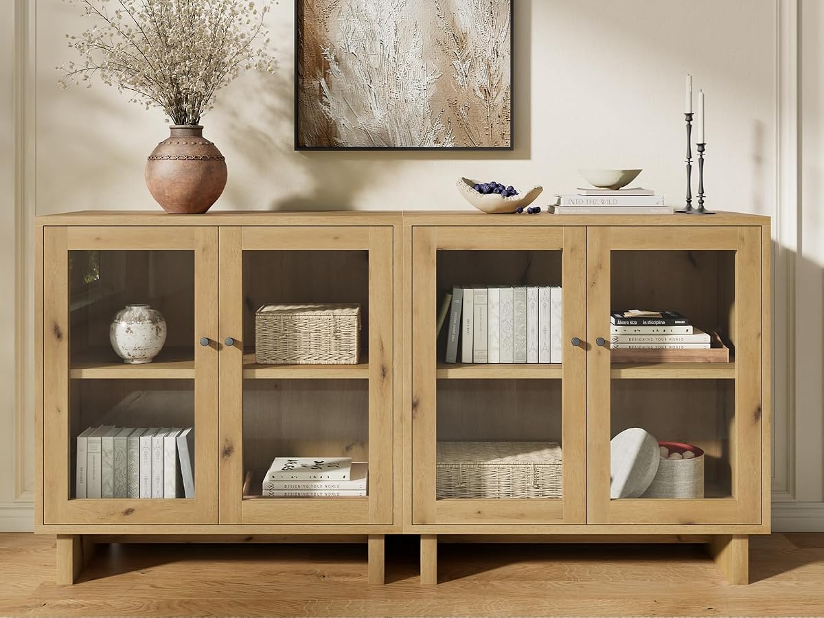 63" Storage Cabinet, Modular Sideboard Buffet Cabinet with Glass Doors-Oak