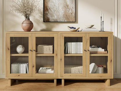 63" Storage Cabinet, Modular Sideboard Buffet Cabinet with Glass Doors-Oak