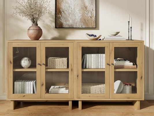 63" Storage Cabinet, Modular Sideboard Buffet Cabinet with Glass Doors-Oak