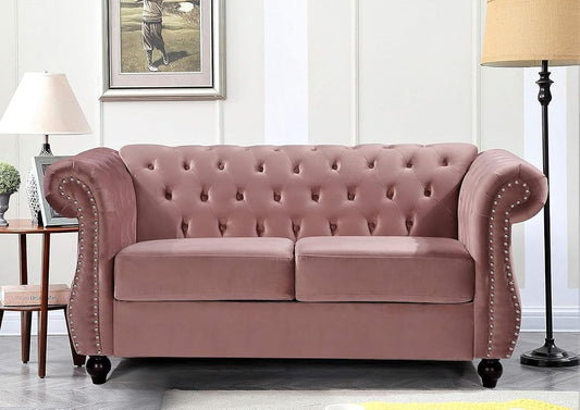 Feinstein Modern Velvet Chesterfield Couches for Living Room with Nailheads, Diamond Tufting & Durable Metal Frame, Loveseat, Rose
