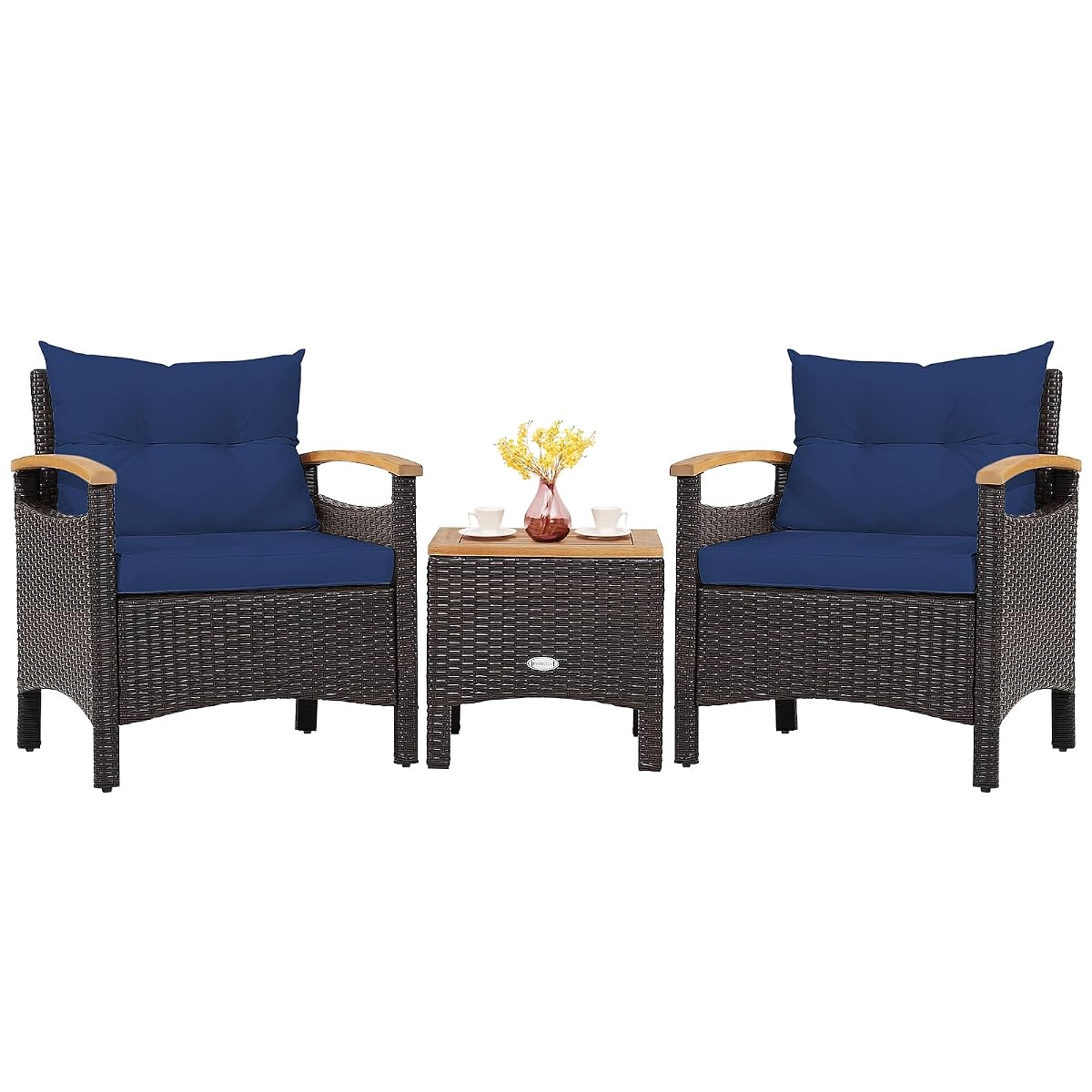 3-Piece Patio Furniture Set, Patiojoy Outdoor Rattan Sofa Set with Coffee Table, Patio Conversation Set with Removable Cushion, Cozy Acacia Wood Armrests for Backyard, Poolside (Navy)
