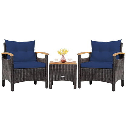 3-Piece Patio Furniture Set, Patiojoy Outdoor Rattan Sofa Set with Coffee Table, Patio Conversation Set with Removable Cushion, Cozy Acacia Wood Armrests for Backyard, Poolside (Navy)
