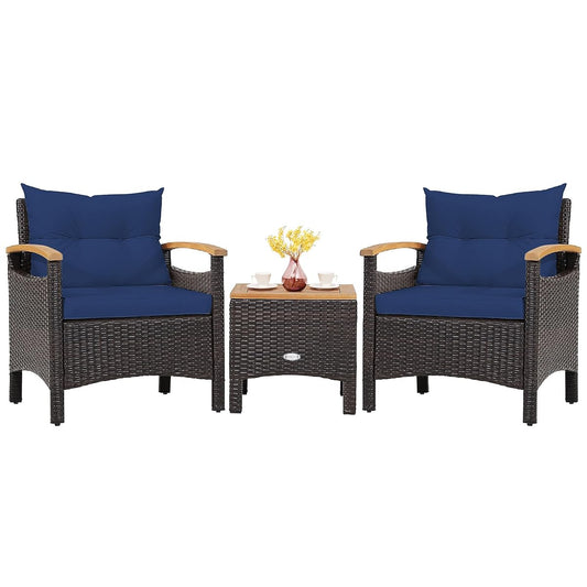 3-Piece Patio Furniture Set, Patiojoy Outdoor Rattan Sofa Set with Coffee Table, Patio Conversation Set with Removable Cushion, Cozy Acacia Wood Armrests for Backyard, Poolside (Navy)