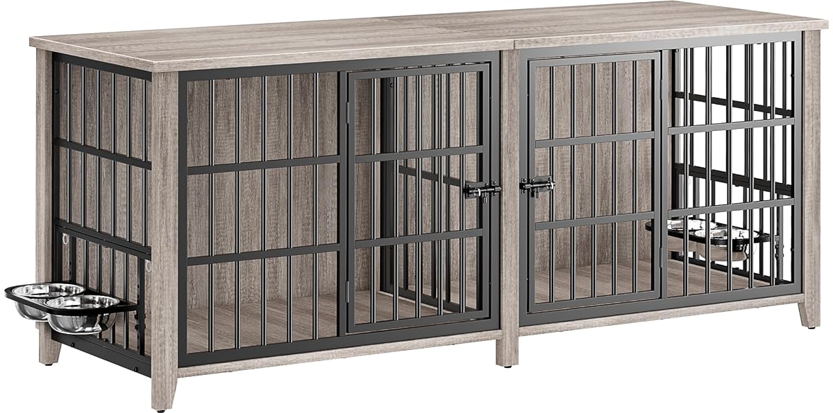 78.84" Dog Crate Furniture for 2 Dogs, Double Wooden Dog Kennel,Grey