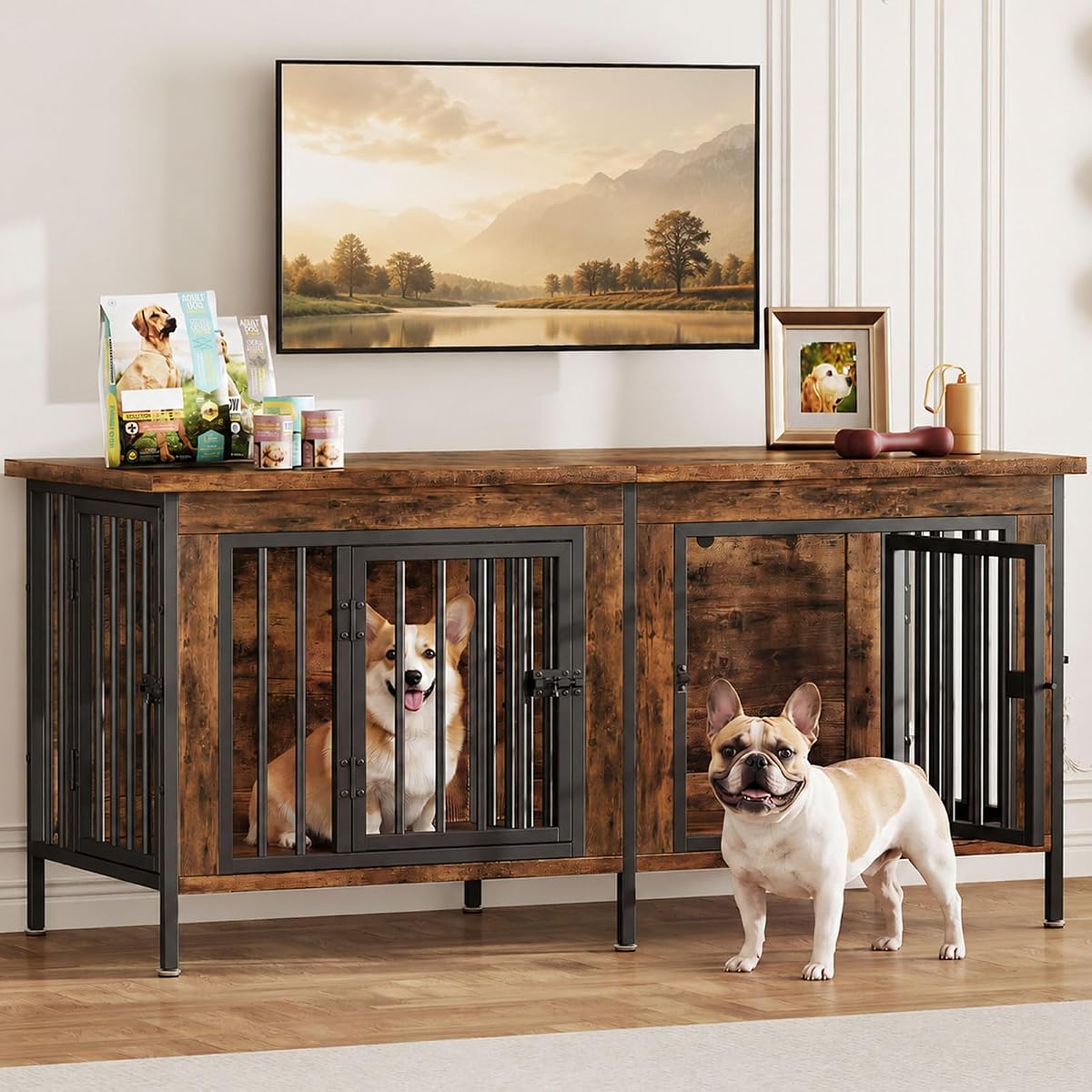 54" Dog Crate Furniture for 2 Dogs with Divider, Brown