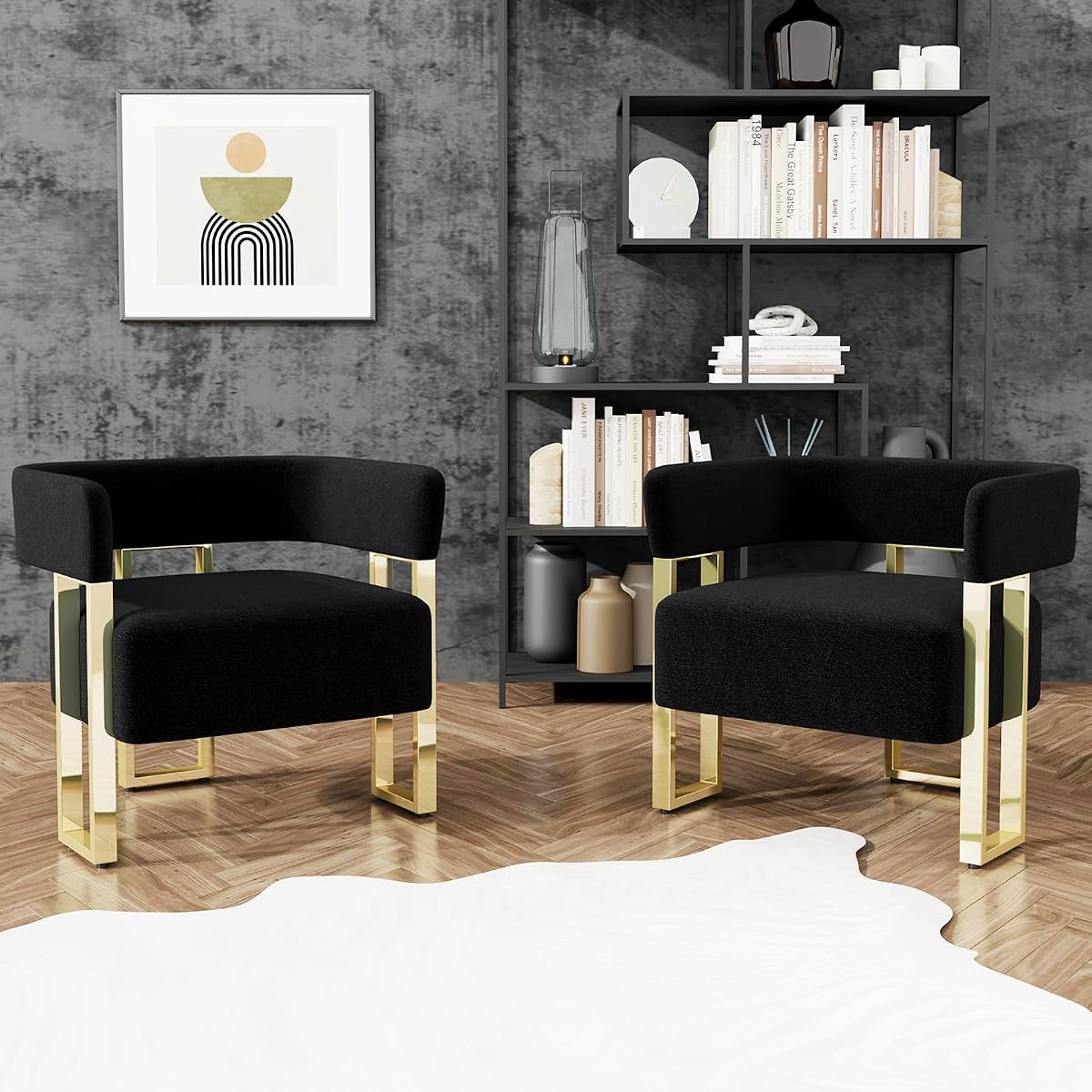 Black and Gold Accent Chairs Set of 2, Boucle Barrel Chairs for Living Room | Boucle Upholstery, Curved Bucket Design, Bedroom Chair, Gold-Tone Base, Armchairs for Office, Small Space Seating
