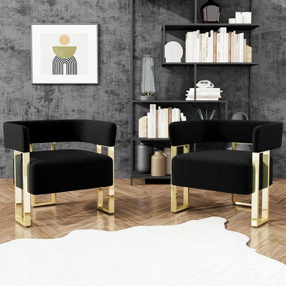 Black and Gold Accent Chairs Set of 2, Boucle Barrel Chairs for Living Room | Boucle Upholstery, Curved Bucket Design, Bedroom Chair, Gold-Tone Base, Armchairs for Office, Small Space Seating