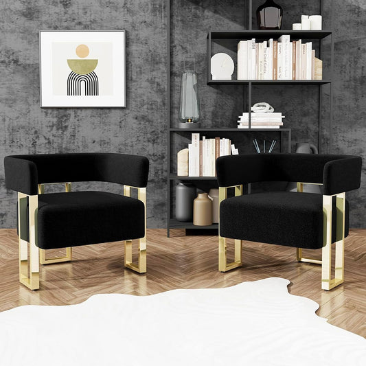 Black and Gold Accent Chairs Set of 2, Boucle Barrel Chairs for Living Room | Boucle Upholstery, Curved Bucket Design, Bedroom Chair, Gold-Tone Base, Armchairs for Office, Small Space Seating