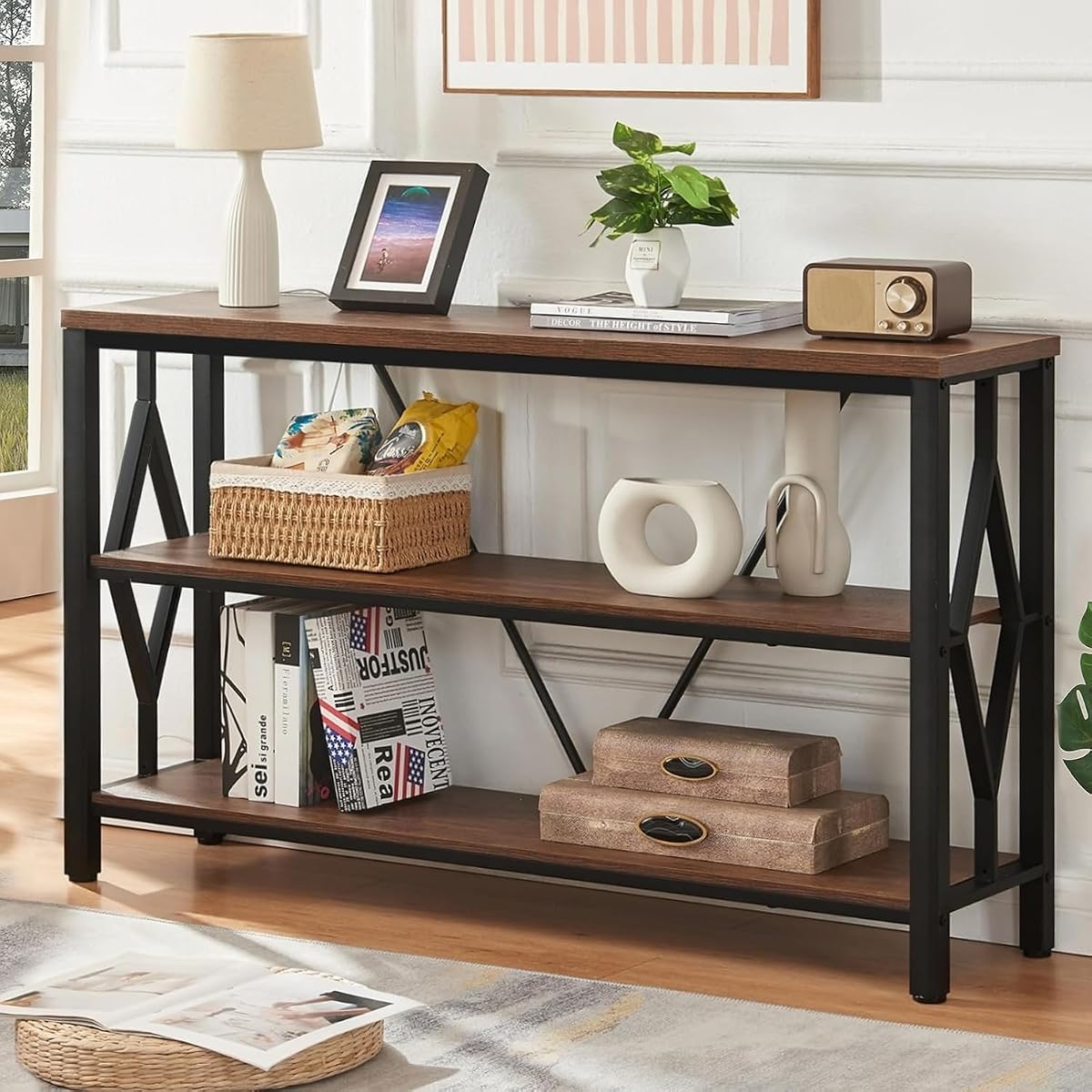 Sofa Console Table, Rustic Console Table with 3-Tier Storage, Engineered Wood Sofa Tables with Open Shelves, Heavy Duty Entryway Tables for Living Room, Hallway (47 Inch, Rustic Brown)