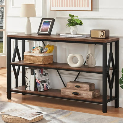 Sofa Console Table, Rustic Console Table with 3-Tier Storage, Engineered Wood Sofa Tables with Open Shelves, Heavy Duty Entryway Tables for Living Room, Hallway (47 Inch, Rustic Brown)