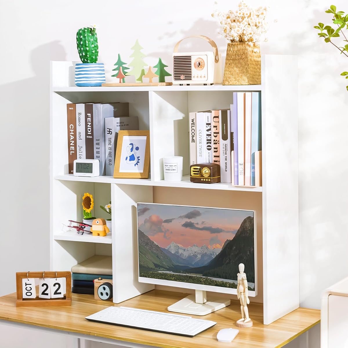 Desktop Shelf, Desk Hutch with 5 Shelves for Computer Desk, White