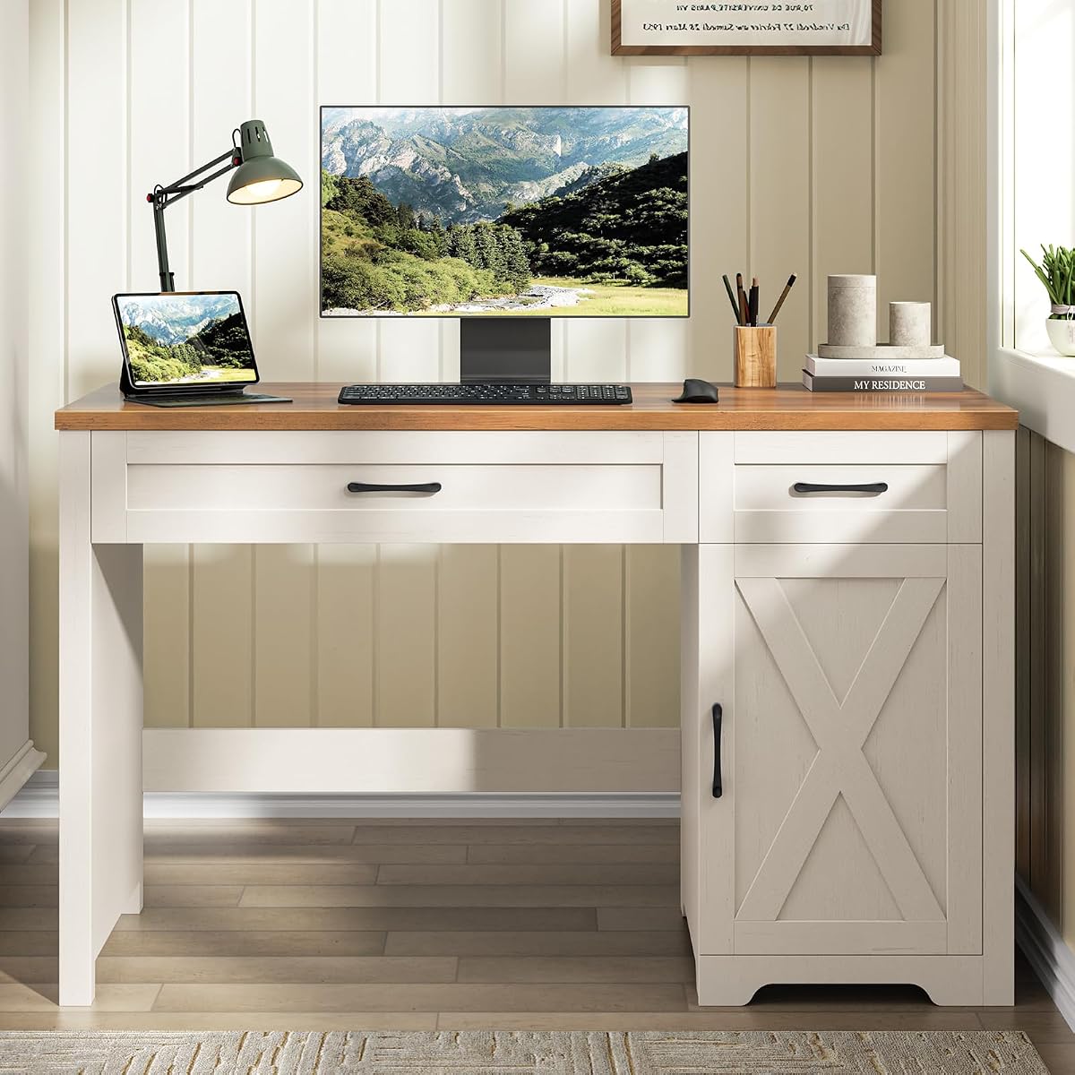 Executive Desk with Storage Cabinet, Unique White