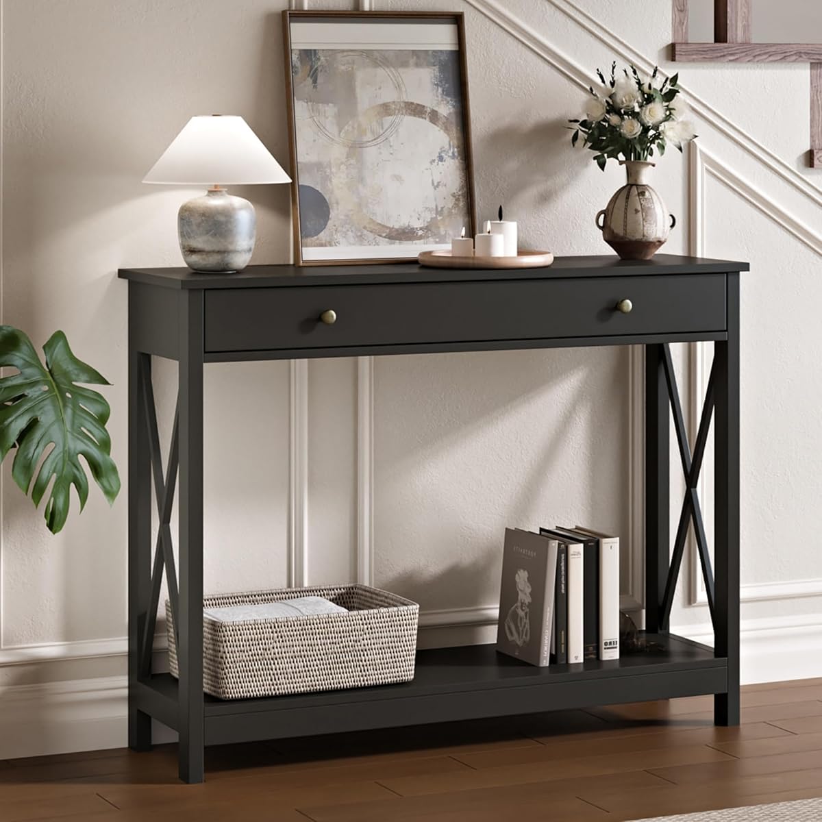 Black Console Table with Drawer and Storage Shelves, Foyer Sofa Table Narrow for Entryway, Living Room, Hallway