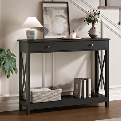 Black Console Table with Drawer and Storage Shelves, Foyer Sofa Table Narrow for Entryway, Living Room, Hallway