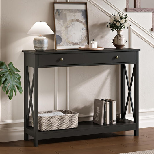 Black Console Table with Drawer and Storage Shelves, Foyer Sofa Table Narrow for Entryway, Living Room, Hallway