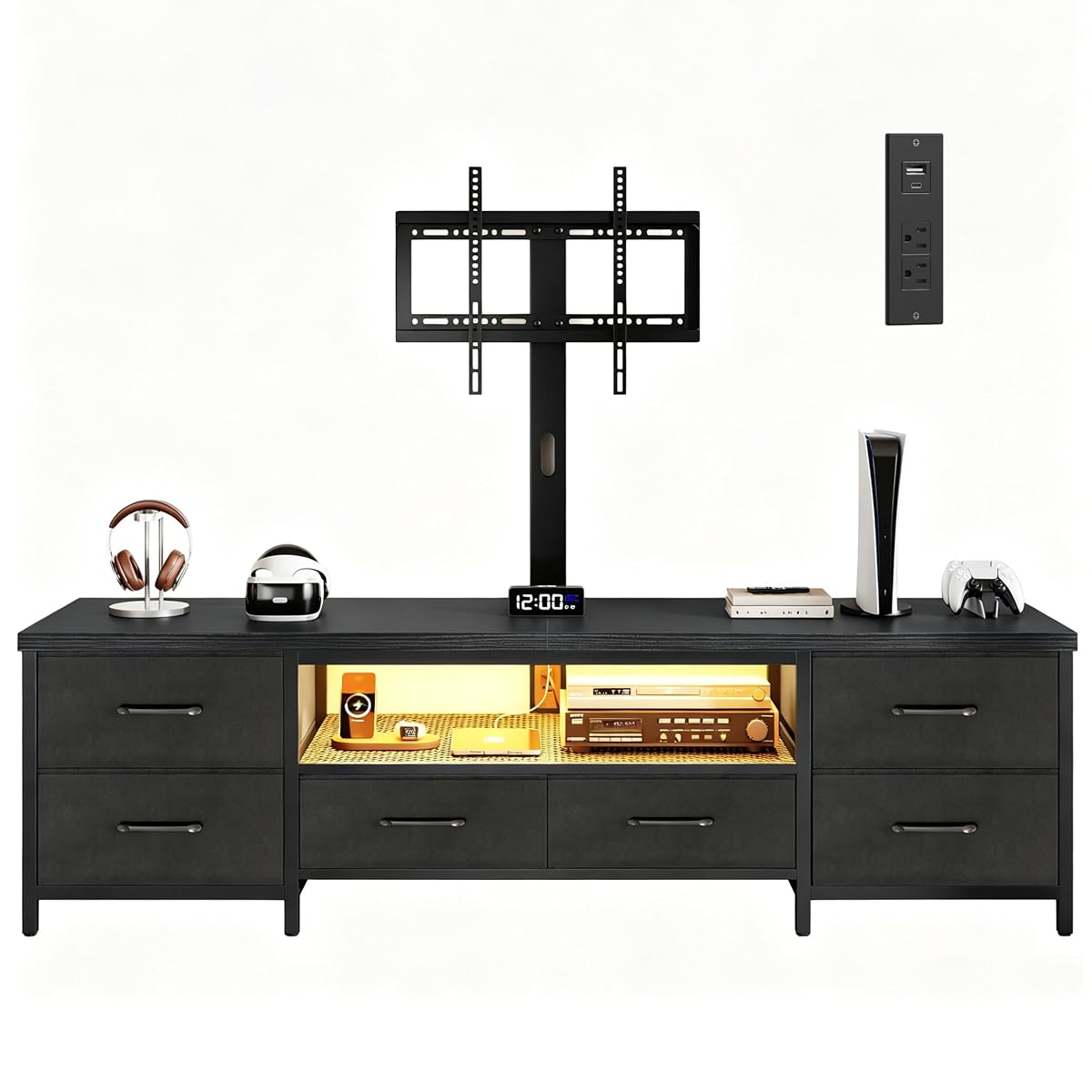 TV Stand with Mount for 75 Inch TV, w/LED & Outlets, 71'' Black