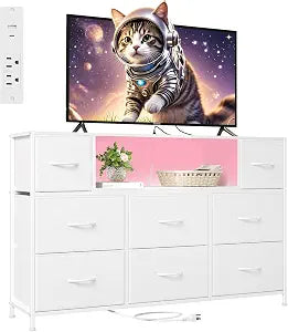White TV Stand, Dresser for Bedroom for 55 inch TV with Charging Station and LED Lights, Media Console Table with 8 Drawers, Open Shelf, Adjustable Feet,Living Room Furniture