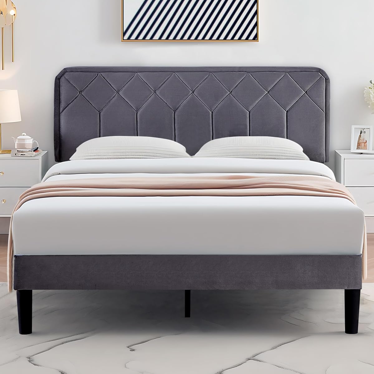 Queen Size Bed Frame, Velvet Upholstered Platform with Adjustable Headboard