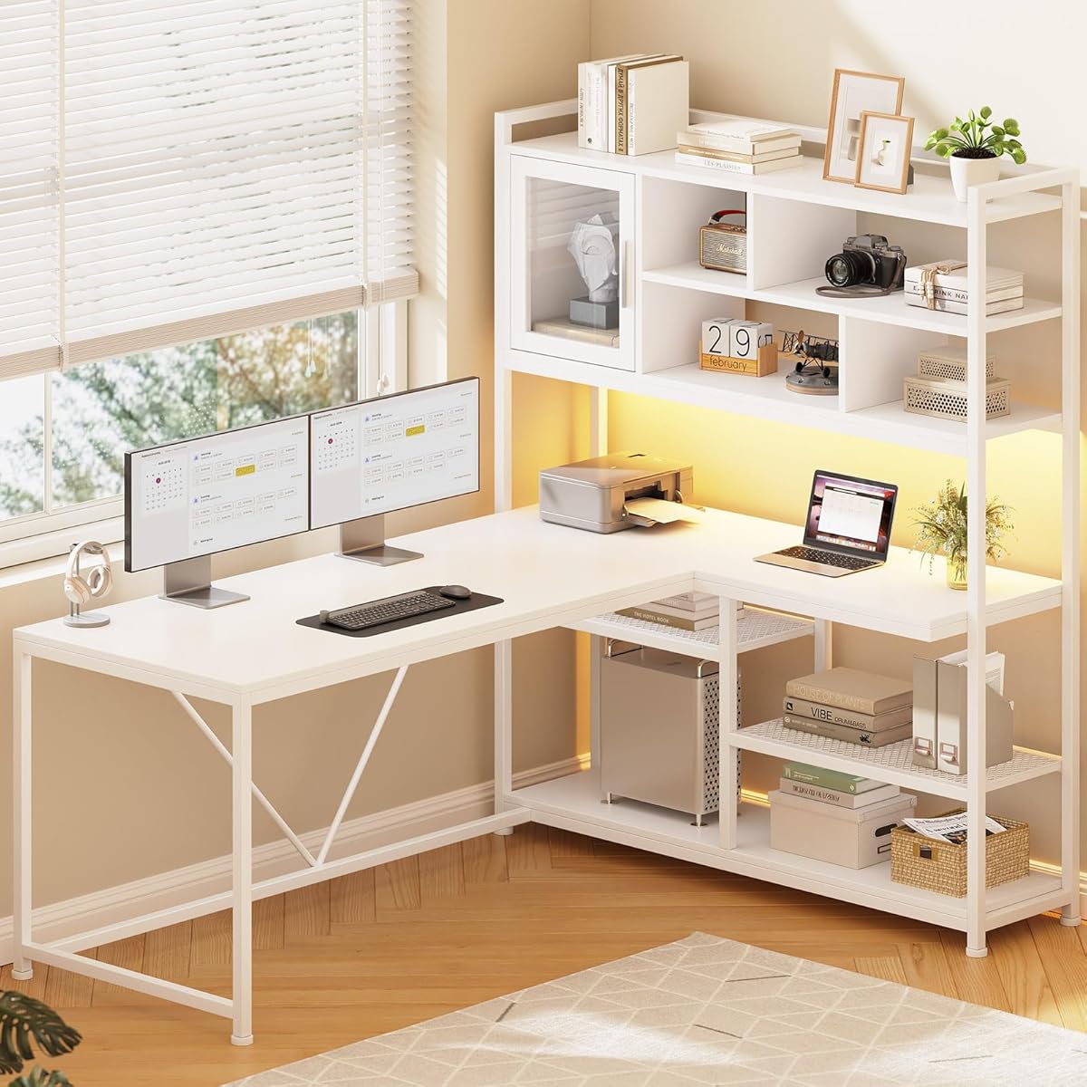L Shaped Computer Desk, 58'' Office Desk with LED Light and Bookshelf, L Shaped Corner Desk with Storage Shelves for Home Office, Gaming Desk, L Desk, White