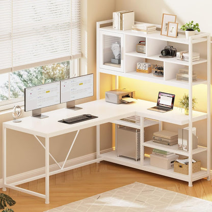 L Shaped Computer Desk, 58'' Office Desk with LED Light and Bookshelf, L Shaped Corner Desk with Storage Shelves for Home Office, Gaming Desk, L Desk, White