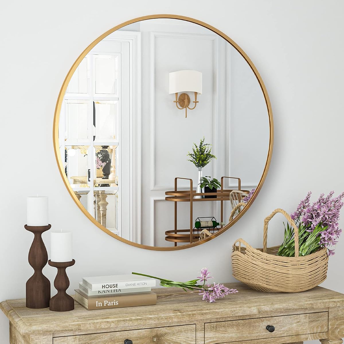 Round Mirror 23.6" Gold Wall Mounted Circle Mirror with Aluminum Alloy Frame Modern Design for Bathroom, Living Room, Vanity, Bedroom, Entryway