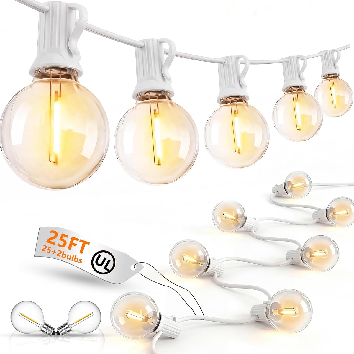 25Ft LED Outdoor String Lights, G40 Globe Patio String Lights Waterproof with 27 Shatterproof Bulbs, Hanging Outdoor Lights for Backyard Garden Bistro Wedding Party Christmas Decorations, White