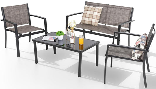 4 Pieces Patio Furniture Set All Weather Textile Fabric Outdoor Conversation Set, with Glass Coffee Table, Loveseat, 2 Single Chairs for Home, Garden, Lawn, Porch（Light Brown）