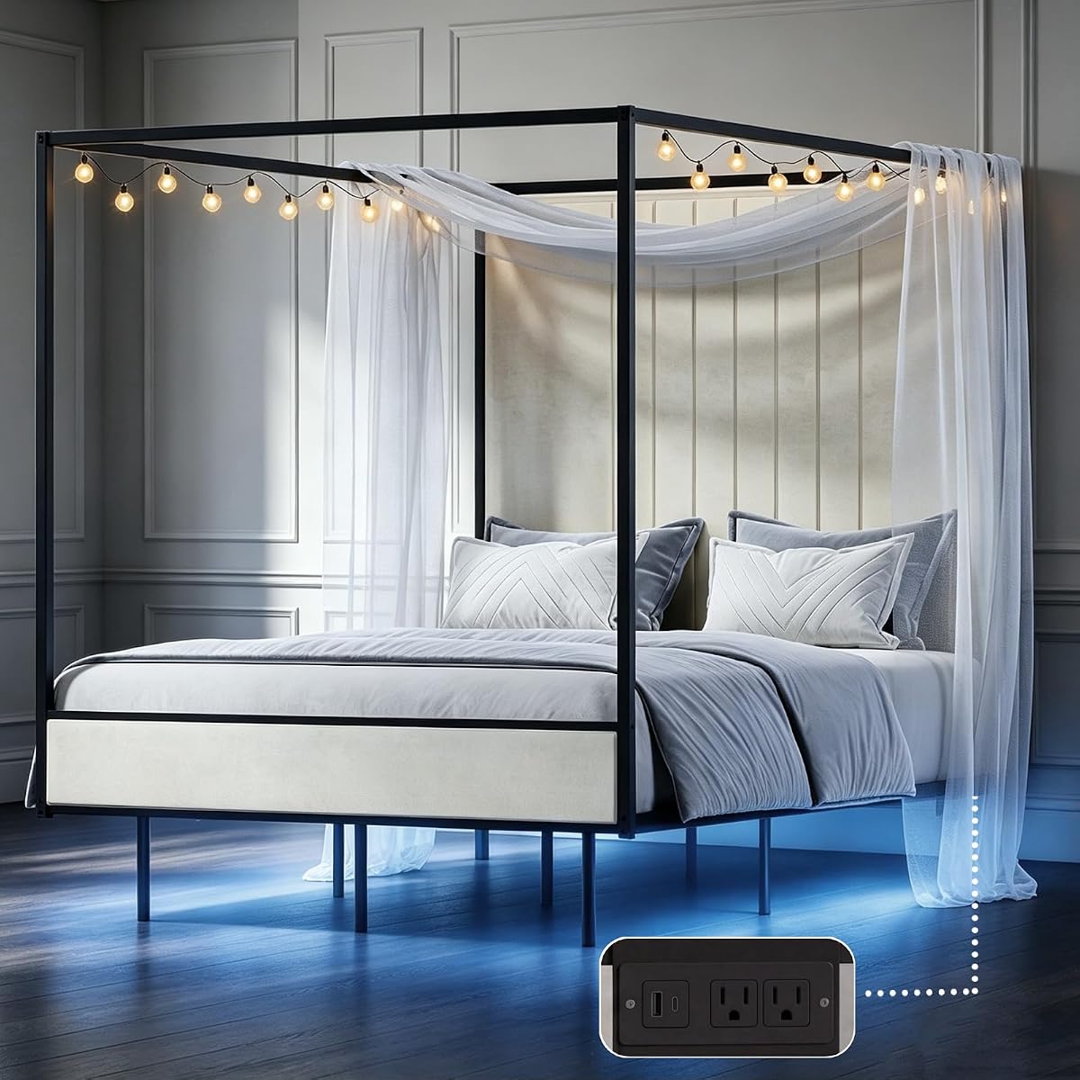 Queen Canopy Bed with Tall Headboard, Charging Station & LED Light (Black)