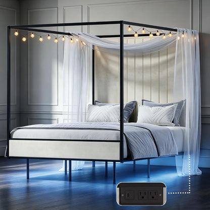 Queen Canopy Bed with Tall Headboard, Charging Station & LED Light (Black)