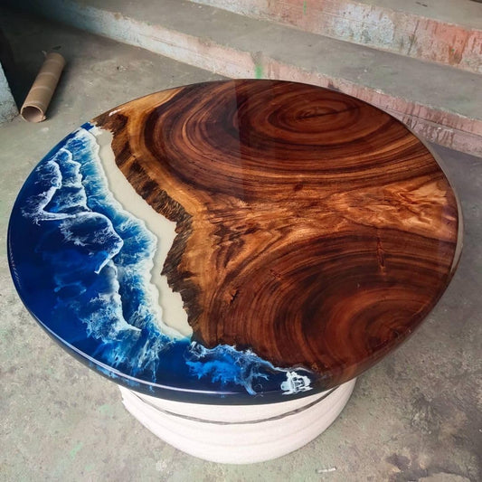 RESINHOMEFURNITURE Stunning Ocean-Inspired Resin Epoxy Table with Natural Wood Grain—Handcrafted Round Live Edge Table Deep Blue Waves and Coastal Charm (Without Stand, 18 x 18 Inches)
