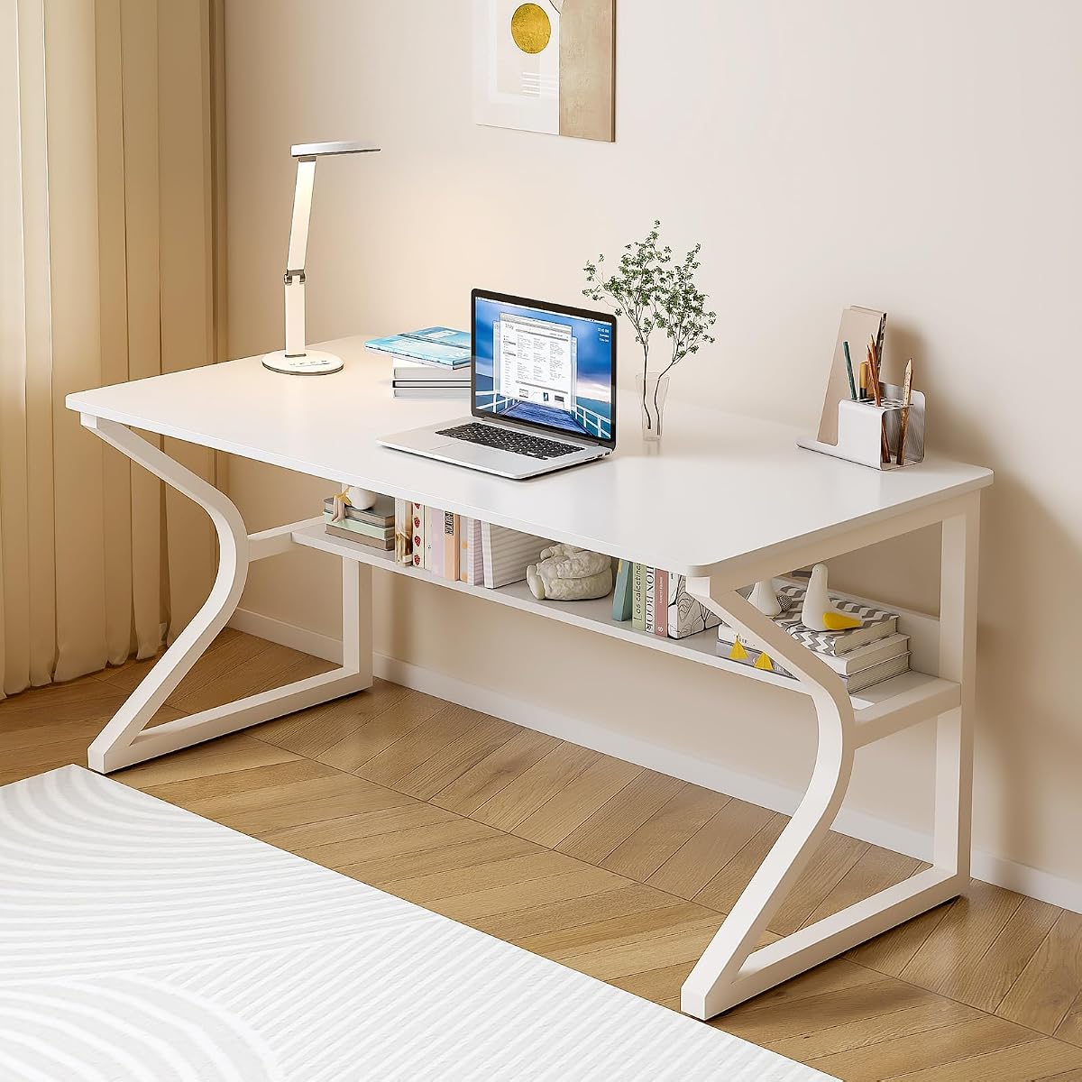 47.3-Inch Writing Desk with Storage Shelf, Warm White