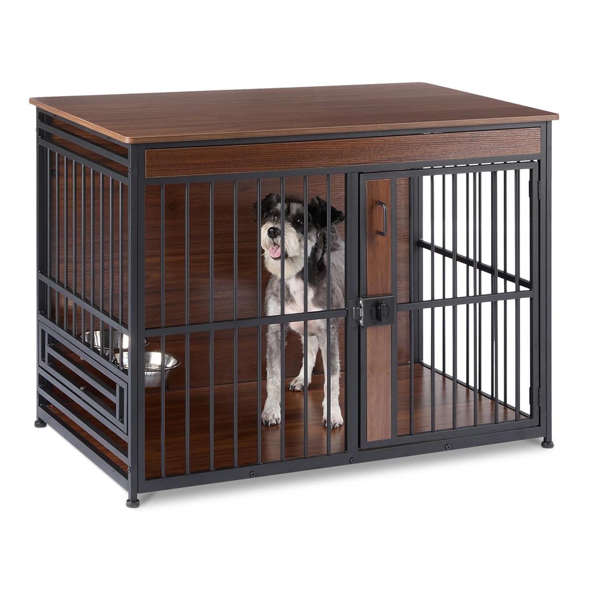 Furniture Style Dog Crate, Sturdy Wooden Pet Kennel, Two Bowls Included, 41" x 23.6" x 29.5", Walnut