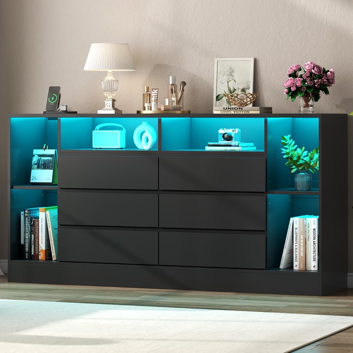 6 Drawers Dresser with 6 Open Storage Cubbies