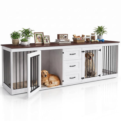 92.8" Double Dog Crate Furniture with 3 Drawers, Dog Kennel Indoor