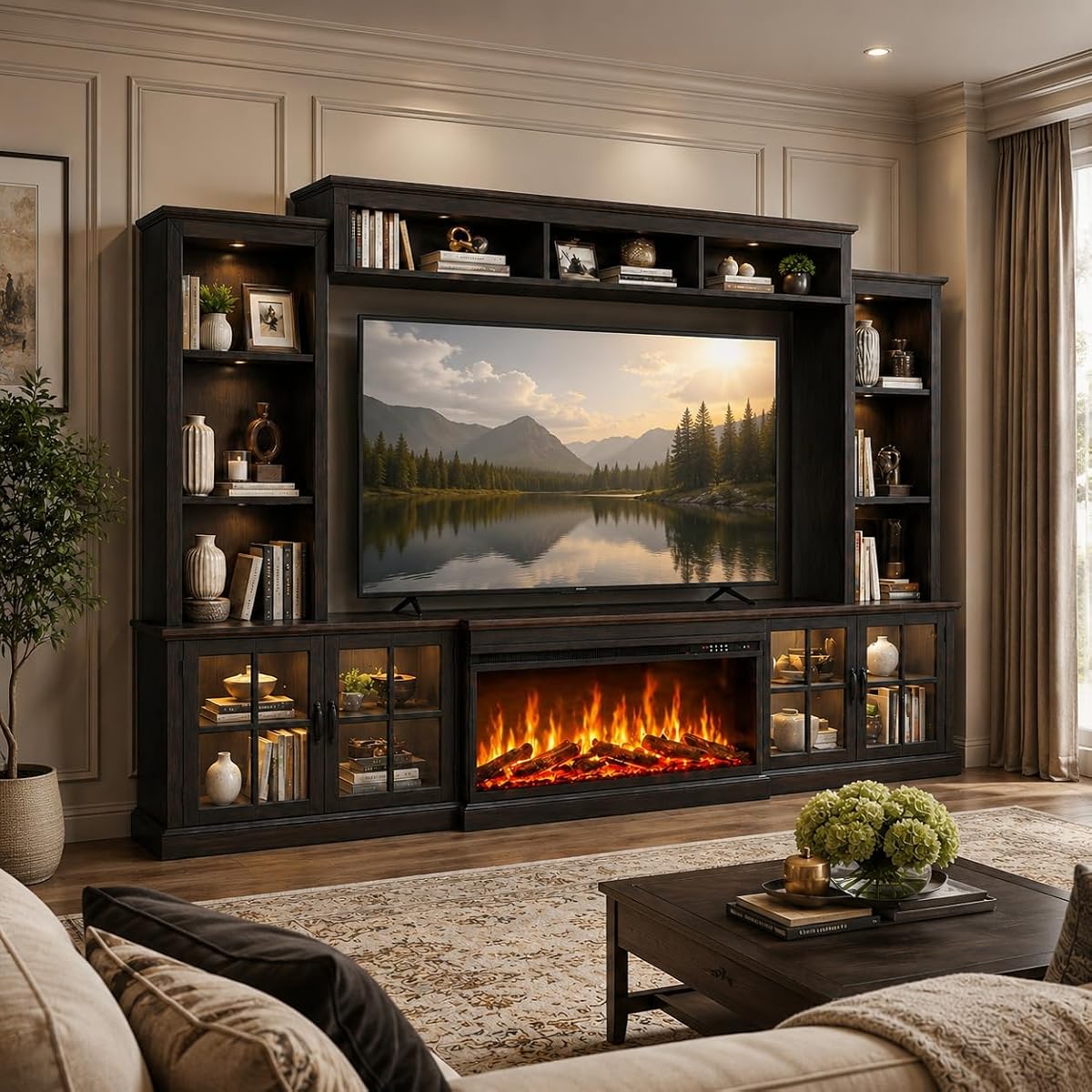 Black Farmhouse TV Stand with Fireplace, Entertainment Center