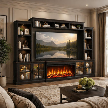 Black Farmhouse TV Stand with Fireplace, Entertainment Center