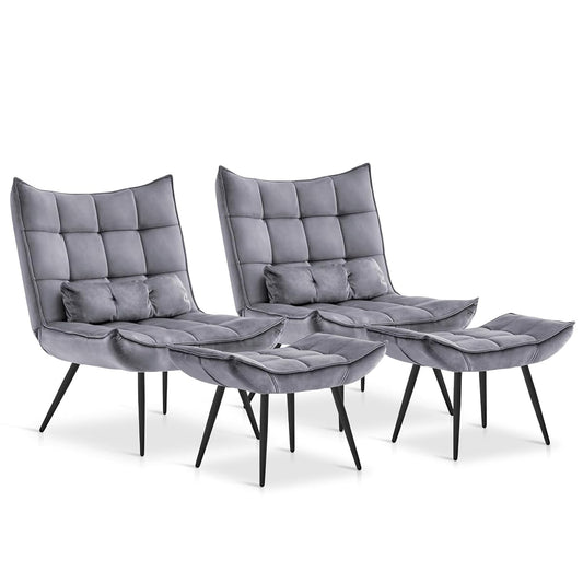 Accent Chair with Ottoman, Set of 2 Modern Velvet Wingback Reading Chair with Lumbar Pillow, Upholstered Lounge Armchair with Footrest for Living Room Bedroom Small Space, 4079 (2, Dark Grey)