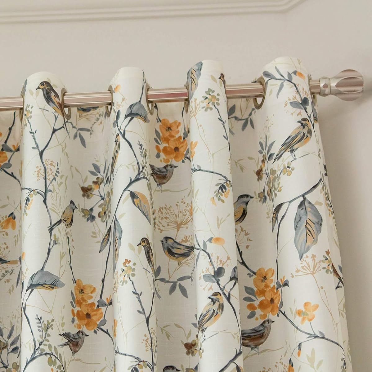 Gray Bird Print Linen Textured Curtains, 52 x 63, 1 Panel, Grommet