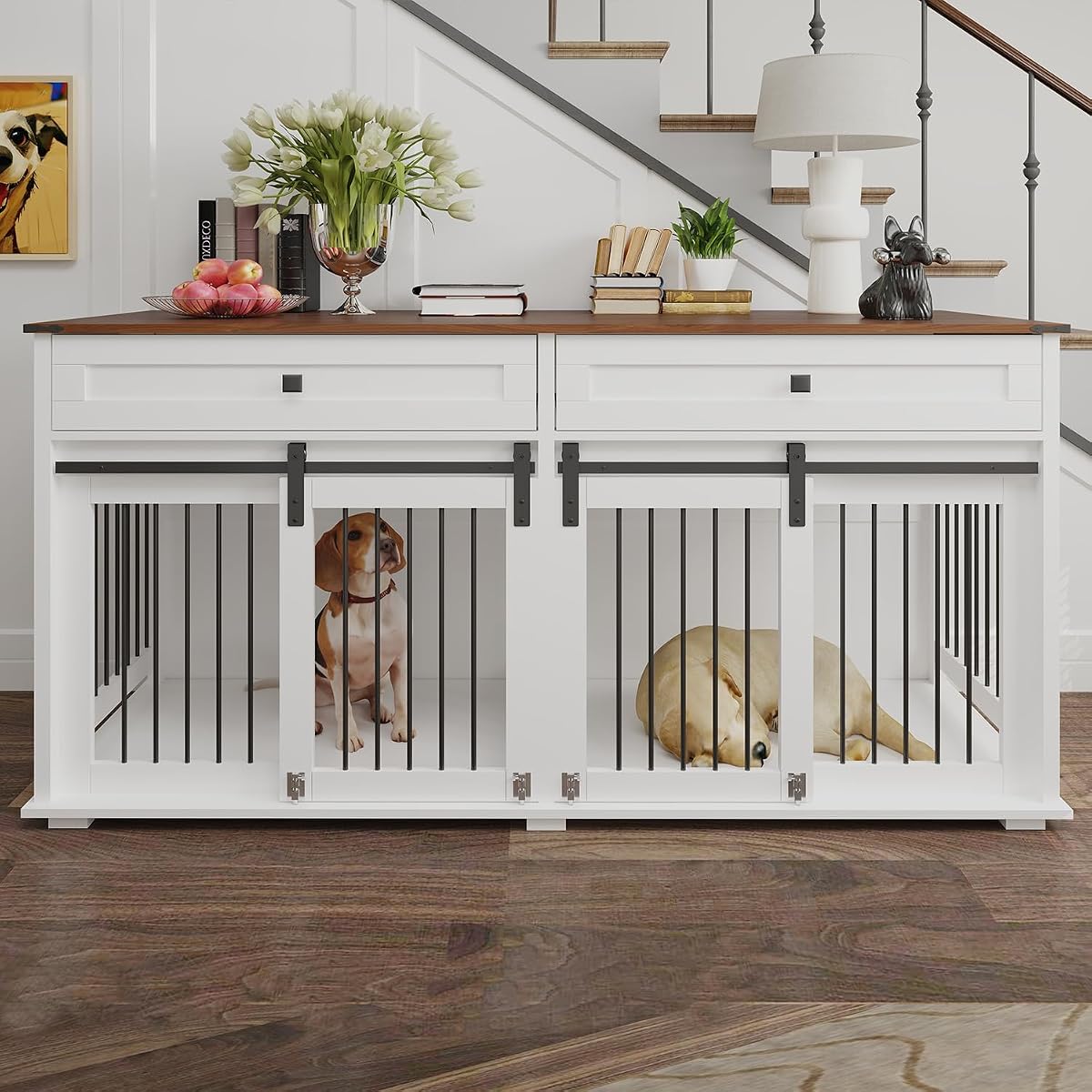 Double XL Dog Crate Furniture, White Wooden Pet Kennel Cabinet with 4 Doors